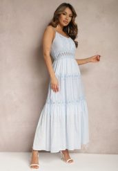Jasnoniebieska Sukienka Maxi na Cienkich Ramiączkach z Ażurową Wstawką w Talii Grania. Niebieskie sukienki Renee, m, w ażurowe wzory, z bawełny, bez kołnierzyka, bez ramiączek, maxi. W wyprzedaży za 175.99 zł.