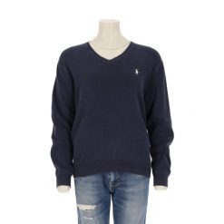 Second life - Damski granatowy sweter z dekoltem w serek - Stan bardzo dobry. Niebieskie swetry Ralph Lauren, bez wzorów, sportowe, bez ramiączek. Za 170.36 zł.