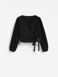 Bluza z wiązaniem - czarny. Czarne bluzy Reserved, l, bez wzorów, z dzianiny, bez ramiączek, bez kaptura. Za 99.99 zł.