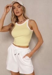 Żółty Top z Prążkowanego Materiału z Lamówką Sonindra. Żółte topy Renee, m, z aplikacjami, z materiału, klasyczne, bez kołnierzyka, bez ramiączek. W wyprzedaży za 23.99 zł.
