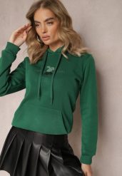 Zielona Ocieplona Bluza z Kapturem Ozdobiona Naszywką i Napisem Eirellia. Zielone bluzy Renee, xl, z aplikacjami, z dzianiny, casualowe, bez ramiączek, z kapturem. W wyprzedaży za 71.99 zł.