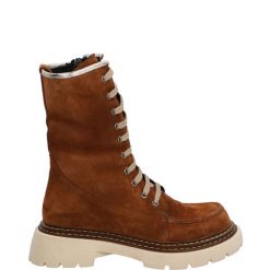 SZNUROWANE BOTKI 0010700S TAN. Botki Venezia, bez wzorów, ze skóry, bez obcasa, bez zapięcia. Za 179.00 zł.