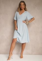 Jasnoniebieska Rozkloszowana Sukienka z Bawełnianej Tkaniny Lirioneae. Niebieskie sukienki Renee, na co dzień, l, bez wzorów, z bawełny, eleganckie, bez kołnierzyka, bez ramiączek, midi, rozkloszowane. W wyprzedaży za 55.99 zł.