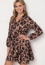 Beżowa Rozkloszowana Sukienka w Panterkę z Guzikami i Wiązaniem w Talii Morila. Brązowe sukienki Born2be, na co dzień, m, bez wzorów, z jeansu, eleganckie, bez kołnierzyka, bez ramiączek, mini, dopasowane. Za 89.99 zł.