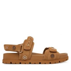 Sandały Guess. Brązowe sandały Guess, z aplikacjami, bez obcasa, na płaskiej podeszwie, bez zapięcia. Za 549.99 zł.
