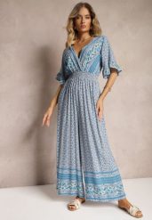 Niebieski Kopertowy Kombinezon Bawełniany z Cienkimi Gumeczkami w Pasie Zapinany na Szyi Orithiama. Niebieskie sukienki Renee, na imprezę, m, bez wzorów, z bawełny, eleganckie, bez kołnierzyka, bez ramiączek, mini, dopasowane. W wyprzedaży za 39.99 zł.