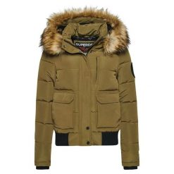 Damska ocieplana kurtka z kapturem Superdry Everest. Zielone kurtki Superdry, xl, z aplikacjami, z nylonu, klasyczne, z kapturem. Za 749.05 zł.