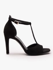 Czarne sandały na wysokim obcasie. Czarne sandały Ryłko, bez wzorów, z gumy, eleganckie, z okrągłym noskiem, bez obcasa, na obcasie, bez zapięcia. Za 449.99 zł.