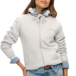 Damska bluza zapinana na zamek z kapturem z wełnianą podszewką Superdry. Szare bluzy Superdry, l, bez wzorów, z bawełny, eleganckie, bez ramiączek, z kapturem. Za 402.65 zł.