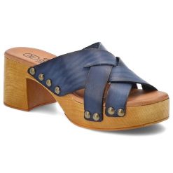 Klapki damskie HEE, ze skóry naturalnej licowej na klocku wygodne, niebieskie, 25355. Niebieskie klapki Hee, bez wzorów, z materiału, retro, bez obcasa, na obcasie, bez zapięcia. Za 239.00 zł.
