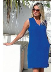 Bleu d'Azur Lniana sukienka "Vanna" w kolorze niebieskim rozmiar: 44. Niebieskie sukienki Bleu d'Azur, na co dzień, w ażurowe wzory, ze lnu, klasyczne, bez kołnierzyka, bez ramiączek, mini, proste. Za 193.70 zł.