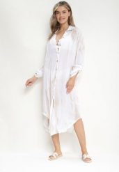 Jasnobeżowa Sukienka Oversize o Koszulowym Fasonie Rarosa. Brązowe sukienki Born2be, bez wzorów, eleganckie, bez kołnierzyka, bez ramiączek, midi, koszulowe. Za 129.99 zł.
