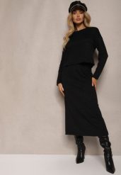 Czarny Dzianinowy Komplet z Wiskozą Bluzka i Spódnica Ozdobiona Rozcięciem Ilirina. Czarne bluzki Renee, bez wzorów, z dzianiny, eleganckie, bez kołnierzyka, bez ramiączek. W wyprzedaży za 119.99 zł.