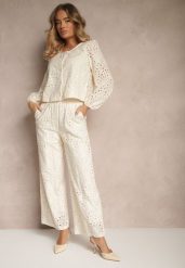 Beżowe Szerokie Spodnie z Ażurowej Tkaniny z Wysokim Stanem Siledis. Brązowe jeansy Renee, l, w ażurowe wzory, z jeansu, eleganckie, z podwyższonym stanem. W wyprzedaży za 74.99 zł.