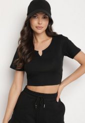 Czarny Bawełniany T-shirt z Prążkowanego Materiału Linalora. Czarne t-shirty Born2be, l, bez wzorów, z bawełny, biznesowe, bez kołnierzyka, bez ramiączek. W wyprzedaży za 25.49 zł.
