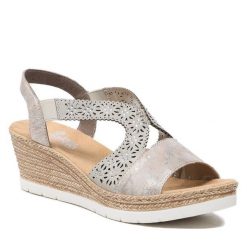 Sandały Rieker. Szare sandały Rieker, bez wzorów, bez obcasa, na koturnie, bez zapięcia. Za 299.99 zł.