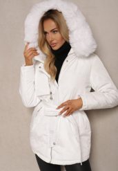 Biała Kurtka Wiązana w Pasie z Kapturem i Odpinanym Futerkiem Tintethia. Białe kurtki Renee, l, bez wzorów, z jeansu, eleganckie, z kapturem. W wyprzedaży za 191.24 zł.