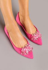 Fuksjowe Balerinki ze Skórzaną Wkładką Ozdobione Kryształkami Vevola. Czerwone baleriny Renee, bez wzorów, eleganckie, bez obcasa, na płaskiej podeszwie, bez zapięcia. Za 44.99 zł.