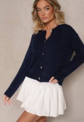 Granatowy Kardigan o Casualowym Kroju z Wełną i Moherem Lilothel. Niebieskie swetry Renee, bez wzorów, z jeansu, eleganckie, bez ramiączek. W wyprzedaży za 143.99 zł.