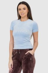 JUICY COUTURE Błękitny welurowy t-shirt z błyszczącym logo. Niebieskie t-shirty Juicy Couture, s, bez wzorów, z weluru, bez kołnierzyka, bez ramiączek. W wyprzedaży za 169.99 zł.
