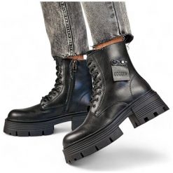 Skórzane workery damskie na platformie czarne GD-TL56B. Czarne botki marka niezdefiniowana, bez wzorów, ze skóry, eleganckie, bez obcasa, na platformie, bez zapięcia. Za 311.99 zł.