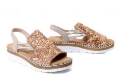 RIEKER V1268-64 beige, sandały damskie. Brązowe sandały Rieker, bez wzorów, bez obcasa, na koturnie, bez zapięcia. Za 280.42 zł.