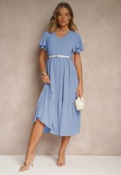 Jasnoniebieska Rozkloszowana Sukienka z Wiskozą w Casualowym Stylu Filarenna. Niebieskie sukienki Renee, na co dzień, l, bez wzorów, z wiskozy, eleganckie, bez kołnierzyka, bez ramiączek, midi, rozkloszowane. W wyprzedaży za 63.99 zł.