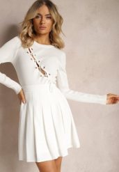 Biała Rozkloszowana Spódnica Zapinana na Zamek Błyskawiczny z Zakładkami Sonarella. Białe spódnice Renee, na co dzień, l, bez wzorów, z bawełny, eleganckie, mini, rozkloszowane. W wyprzedaży za 75.99 zł.