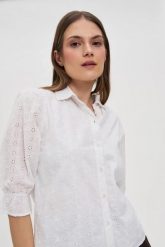 Bawełniana koszula z bufiastymi rękawami biała. Białe koszule MOODO, l, bez wzorów, z bawełny, bez kołnierzyka, bez ramiączek. Za 129.99 zł.
