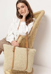 Jasnobeżowa Pleciona Torebka Shopper z Rączkami Zapinana na Suwak Alulasa. Brązowe shopper bag Born2be, bez wzorów, eleganckie, bez dodatków. Za 139.99 zł.