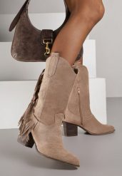 Beżowe Botki Kowbojki na Stożku z Frędzlami przy Cholewce Reinia. Brązowe botki Renee, bez wzorów, z jeansu, boho, bez obcasa, na obcasie, bez zapięcia. Za 119.99 zł.