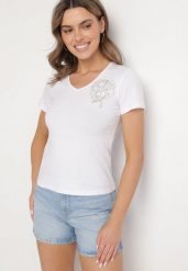Biały T-shirt z Bawełny z Cyrkoniowym Wzorem Uliavira. Białe t-shirty Born2be, l, z aplikacjami, z bawełny, eleganckie, bez kołnierzyka, bez ramiączek. Za 39.99 zł.