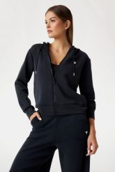 GUESS Czarna damska bluza Olympe, Rozmiar M. Czarne bluzy Guess, m, z aplikacjami, bez ramiączek, z kapturem. W wyprzedaży za 295.99 zł.