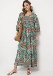 Zielona Długa Sukienka Rozkloszowana z Rękawami 3/4 we Wzór Paisley Amarethia. Zielone sukienki Born2be, l, bez wzorów, boho, bez kołnierzyka, bez ramiączek, maxi, rozkloszowane. W wyprzedaży za 76.49 zł.