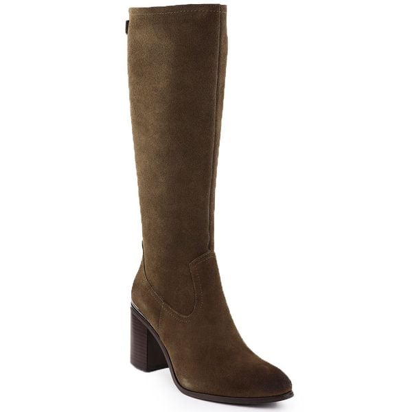 Skórzane kozaki na słupku damskie khaki Sergio Leone 25668. Brązowe kozaki Sergio Leone, bez wzorów, ze skóry, bez obcasa, na słupku, bez zapięcia. Za 289.99 zł.