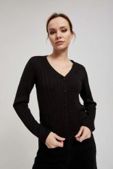 Sweter ozdobiony metaliczną nitką czarny. Czarne swetry MOODO, l, bez wzorów, bez ramiączek. W wyprzedaży za 35.99 zł.