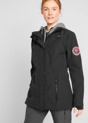 Długa kurtka softshell w optyce 2 w 1, z hydrofobowego materiału. Czarne kurtki przejściowe sportowe bonprix, bez wzorów, z dresówki, z kapturem. Za 309.99 zł.