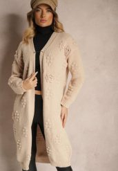 Brązowy Kardigan z Wełną i Wiskozą Ozdobiony Tłoczeniem Besisia. Brązowe swetry Renee, bez wzorów, z jeansu, eleganckie, bez ramiączek. W wyprzedaży za 135.99 zł.