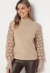 Ciemnobeżowy Sweter Półgolf z Wiskozą i Ażurowymi Rękawami Liariel. Brązowe swetry Born2be, na zimę, s, w ażurowe wzory, z wiskozy, bez ramiączek. W wyprzedaży za 84.99 zł.