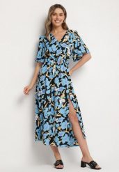 Niebieska Sukienka z Bawełną i Bufiastymi Rękawami w Kwiaty Lunedita. Niebieskie sukienki Born2be, na co dzień, l, bez wzorów, z bawełny, eleganckie, bez kołnierzyka, bez ramiączek, maxi. W wyprzedaży za 55.24 zł.