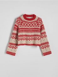 Wzorzysty sweter z domieszką wełny - czerwony. Czerwone swetry Reserved, l, bez wzorów, z dzianiny, bez ramiączek. W wyprzedaży za 69.99 zł.