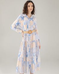 Wzorzysta sukienka z paskiem. Niebieskie sukienki Unisono, s, bez wzorów, z tkaniny, klasyczne, bez kołnierzyka, bez ramiączek, midi. Za 319.00 zł.