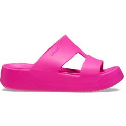 Klapki damskie sportowe Crocs GETAWAY PLATFORM H-STRAP. Czerwone klapki Crocs, bez wzorów, sportowe, bez obcasa, bez zapięcia. Za 169.00 zł.