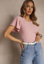 Różowa Bluzka z Rozkloszowanymi Rękawami Sunelva. Czerwone bluzki Renee, m, bez wzorów, z jeansu, eleganckie, bez kołnierzyka, bez ramiączek. W wyprzedaży za 35.99 zł.