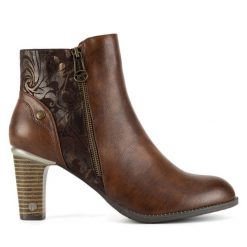 Botki Mustang. Brązowe botki Mustang, bez wzorów, bez obcasa, na słupku, bez zapięcia. Za 349.99 zł.