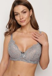 Szaro-Beżowy Biustonosz Full Cup z Ozdobną Koronką Pistaria. Szare biustonosze Born2be, bez wzorów, z koronki. W wyprzedaży za 21.24 zł.