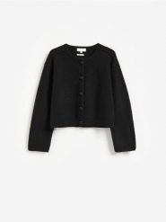 Wełniany kardigan - czarny. Czarne swetry Reserved, l, bez wzorów, z wełny, bez ramiączek. Za 299.99 zł.
