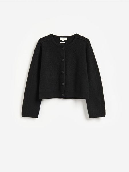 Wełniany kardigan - czarny. Czarne swetry Reserved, l, bez wzorów, z wełny, bez ramiączek. Za 299.99 zł.