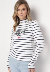 Biały Sweter Golf w Paski z Haftem Enika. Białe swetry Born2be, z aplikacjami, bez ramiączek. W wyprzedaży za 118.99 zł.