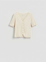 Bluzka z modalem - beżowy. Brązowe bluzki Reserved, l, bez wzorów, z dzianiny, bez kołnierzyka, bez ramiączek. Za 119.99 zł.